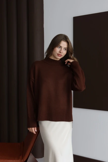 Kadın Kahve Oversize Dik Yaka Basic Triko Kazak