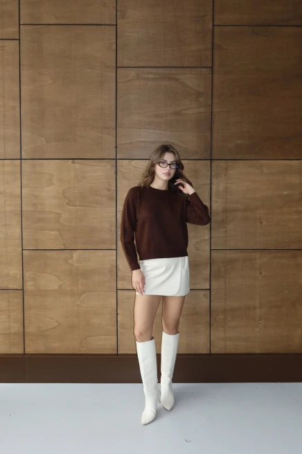 Kadın Kahve Oversize Dik Yaka Basic Triko Kazak