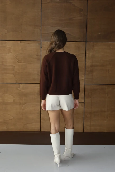 Kadın Kahve Oversize Dik Yaka Basic Triko Kazak