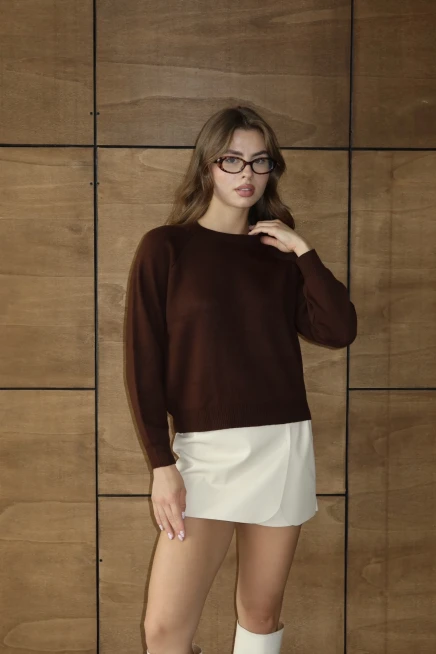 Kadın Kahve Oversize Dik Yaka Basic Triko Kazak