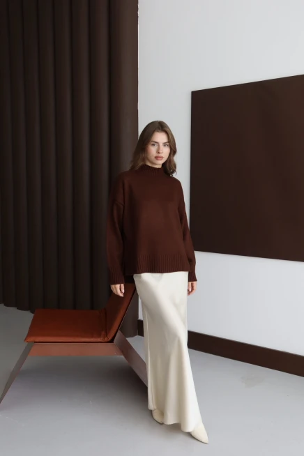 Kadın Kahve Oversize Dik Yaka Basic Triko Kazak