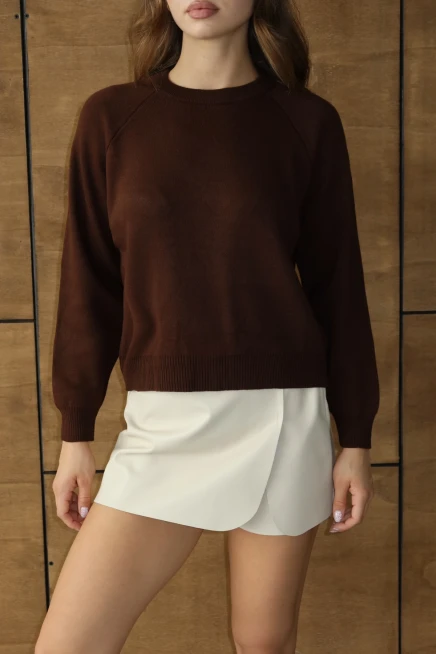 Kadın Kahve Oversize Dik Yaka Basic Triko Kazak