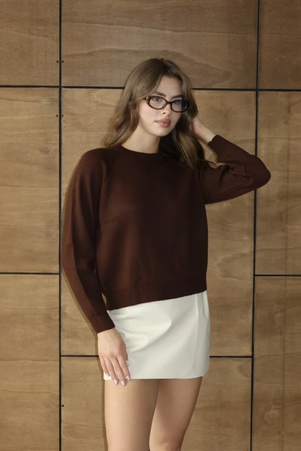 Kadın Kahve Oversize Dik Yaka Basic Triko Kazak
