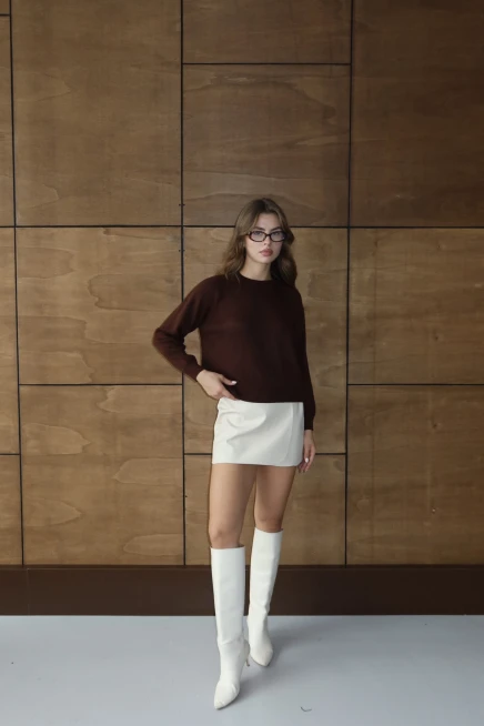 Kadın Kahve Oversize Dik Yaka Basic Triko Kazak