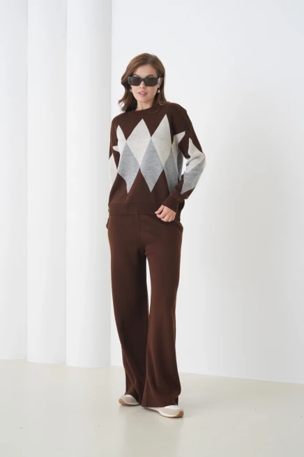 kadın kahve bisiklet yaka baklava desenli kazak pantolon triko alt-üst takım 214076