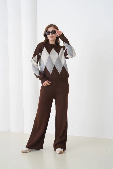 kadın kahve bisiklet yaka baklava desenli kazak pantolon triko alt-üst takım 214076