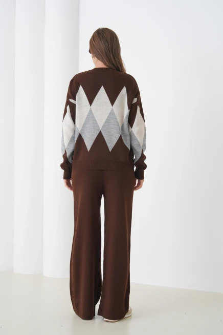 kadın kahve bisiklet yaka baklava desenli kazak pantolon triko alt-üst takım 214076