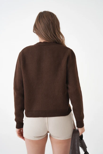 Kadın Kahve Bisiklet Yaka Düğme Detay Desenli Triko Hırka