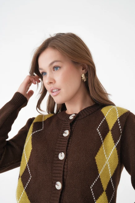 Kadın Kahve Bisiklet Yaka Düğme Detay Desenli Triko Hırka