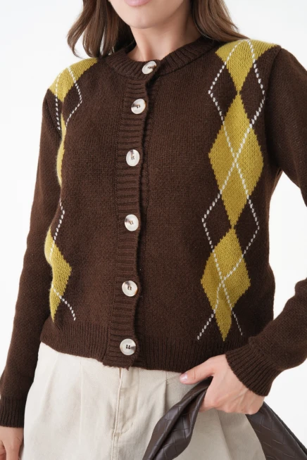 Kadın Kahve Bisiklet Yaka Düğme Detay Desenli Triko Hırka