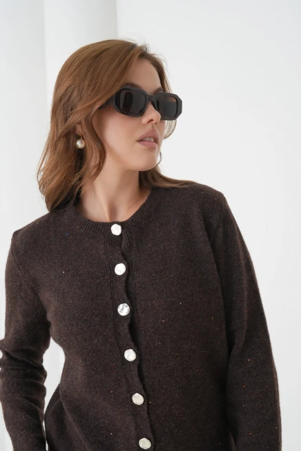 Kadın Kahve Bisiklet Yaka Düğme Detay Yumuşak Dokulu Triko Hırka