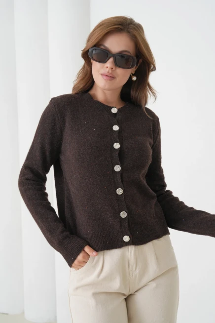 Kadın Kahve Bisiklet Yaka Düğme Detay Yumuşak Dokulu Triko Hırka