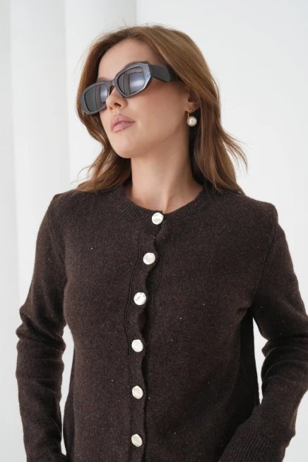 Kadın Kahve Bisiklet Yaka Düğme Detay Yumuşak Dokulu Triko Hırka