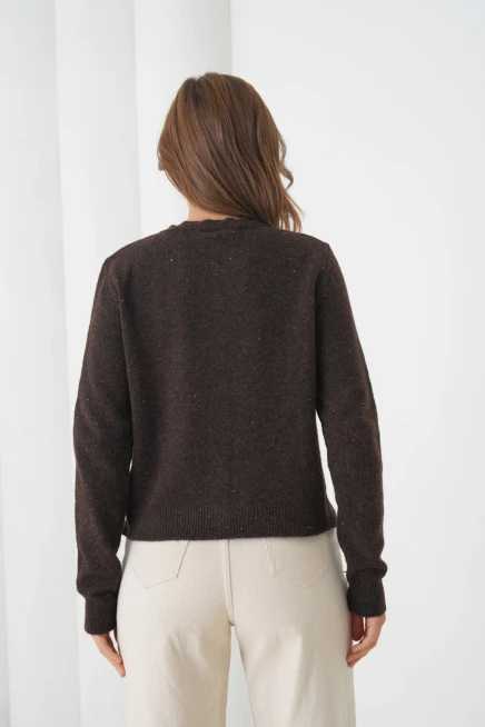 Kadın Kahve Bisiklet Yaka Düğme Detay Yumuşak Dokulu Triko Hırka