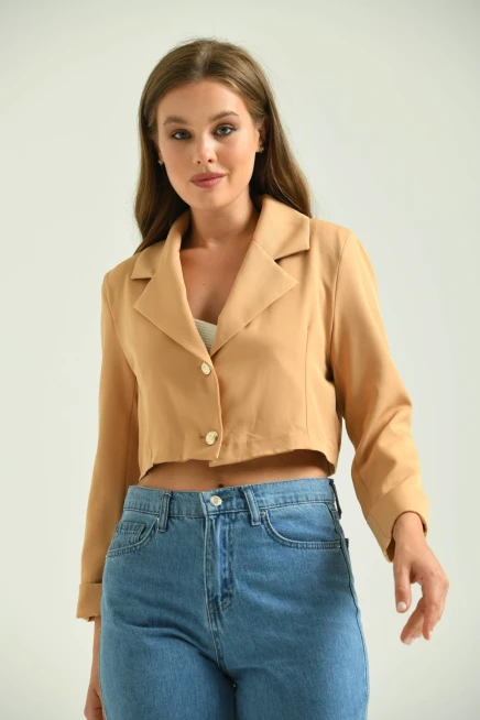 Kadın Kahve Düğme Detay Crop Ceket