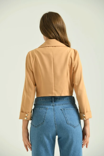 Kadın Kahve Düğme Detay Crop Ceket