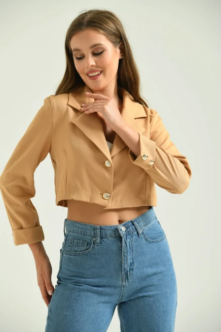 Kadın Kahve Düğme Detay Crop Ceket