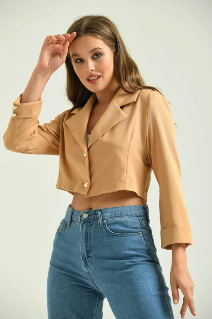 Kadın Kahve Düğme Detay Crop Ceket