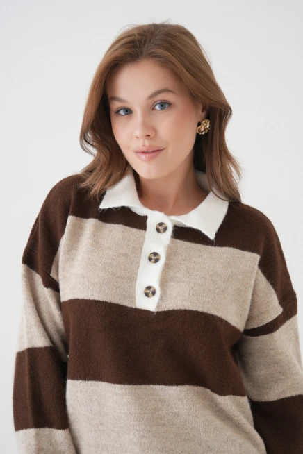 Kadın Kahve Polo Yaka Çizgili Oversize Yumuşak Dokulu Triko Kazak