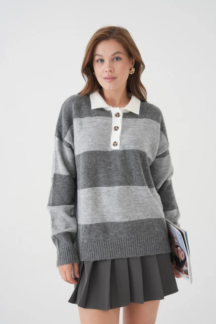 Kadın Kahve Polo Yaka Çizgili Oversize Yumuşak Dokulu Triko Kazak