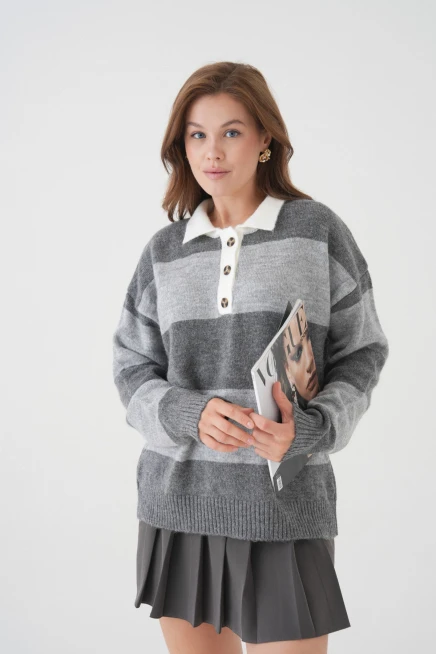 Kadın Kahve Polo Yaka Çizgili Oversize Yumuşak Dokulu Triko Kazak