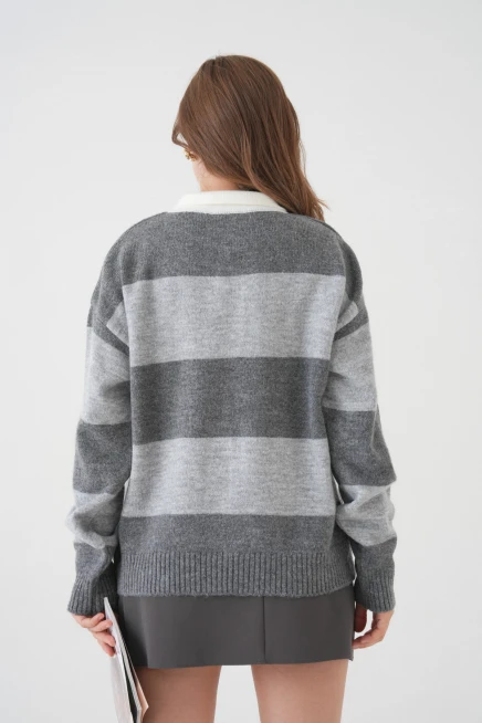 Kadın Kahve Polo Yaka Çizgili Oversize Yumuşak Dokulu Triko Kazak