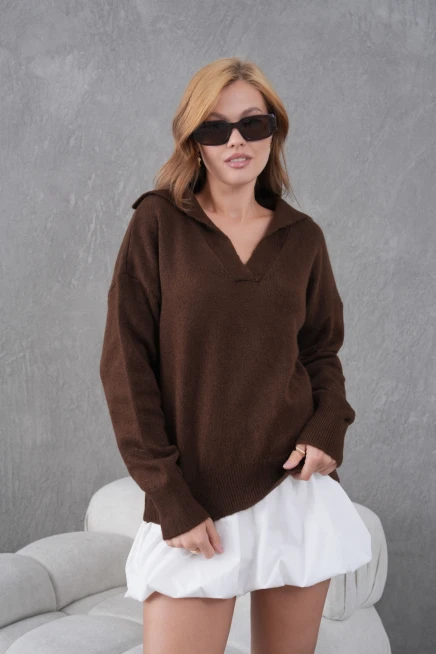 Kadın Kahve Polo Yaka Oversize Yarım Pat Yumuşak Dokulu Triko Kazak