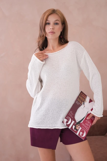 Kadın Kemik Basic Oversize Kayık Yaka Dokulu Triko Kazak