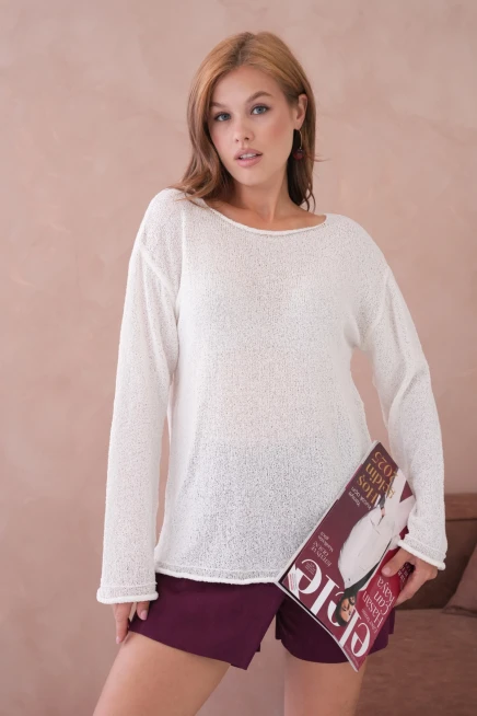 Kadın Kemik Basic Oversize Kayık Yaka Dokulu Triko Kazak