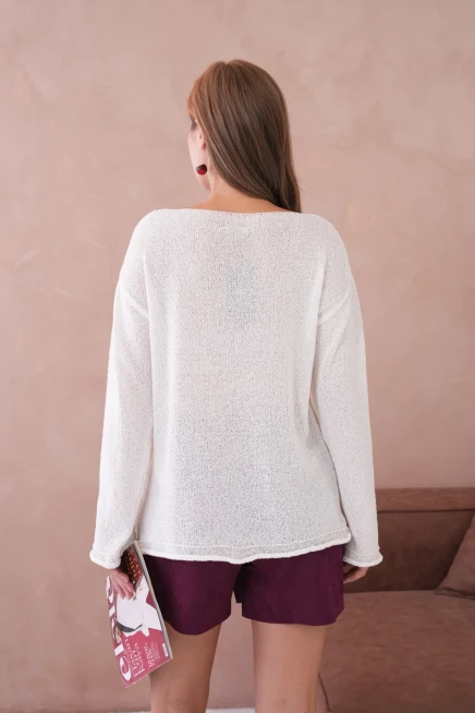 Kadın Kemik Basic Oversize Kayık Yaka Dokulu Triko Kazak