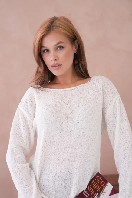 Kadın Kemik Basic Oversize Kayık Yaka Dokulu Triko Kazak