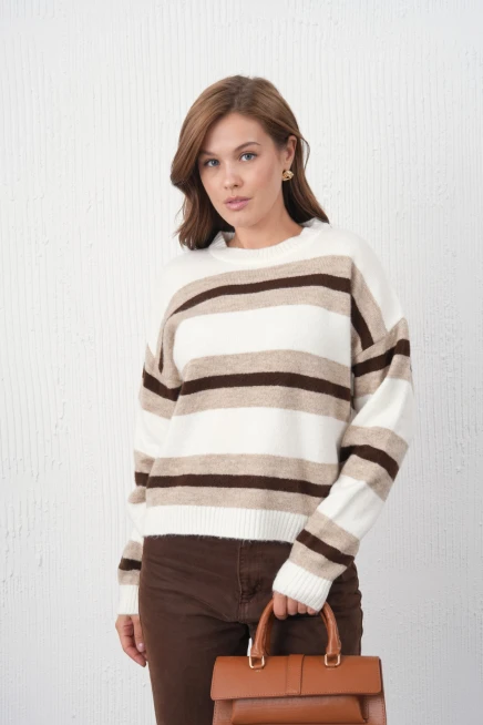 Kadın Kemik Bisiklet Yaka Çizgili Oversize Triko Kazak