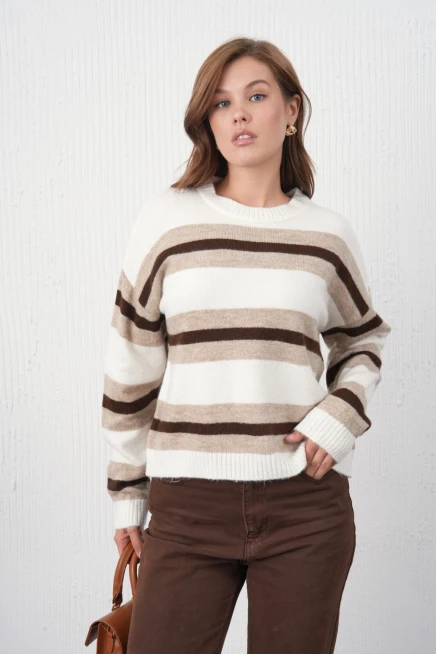 Kadın Kemik Bisiklet Yaka Çizgili Oversize Triko Kazak