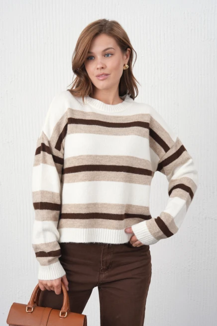 Kadın Kemik Bisiklet Yaka Çizgili Oversize Triko Kazak