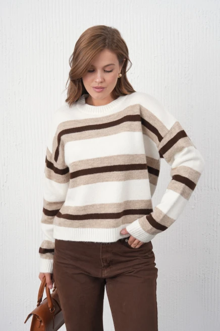 Kadın Kemik Bisiklet Yaka Çizgili Oversize Triko Kazak