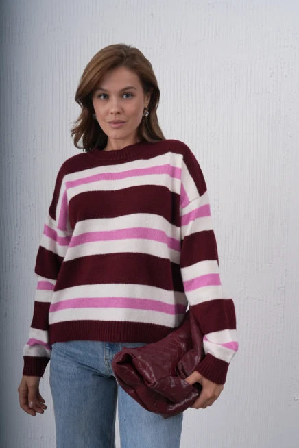 Kadın Kemik Bisiklet Yaka Çizgili Oversize Triko Kazak