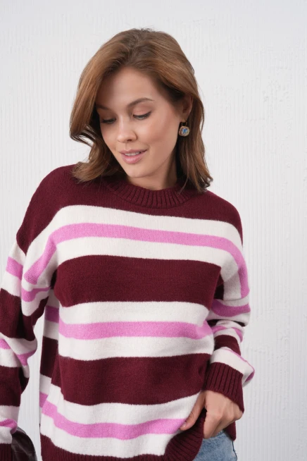 Kadın Kemik Bisiklet Yaka Çizgili Oversize Triko Kazak