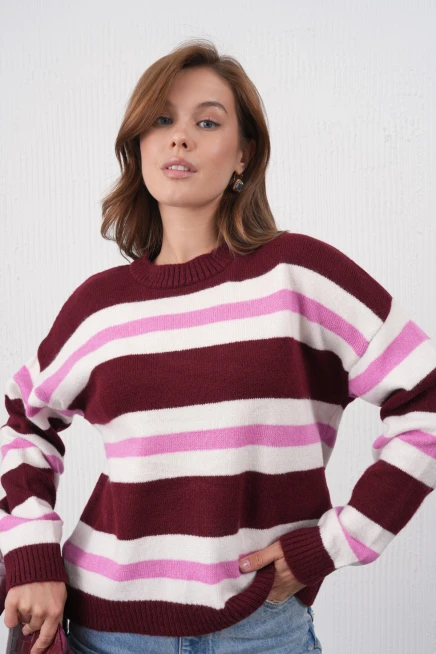 Kadın Kemik Bisiklet Yaka Çizgili Oversize Triko Kazak