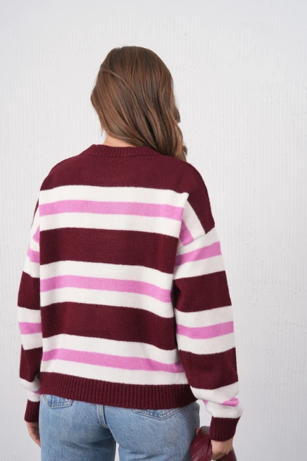 Kadın Kemik Bisiklet Yaka Çizgili Oversize Triko Kazak