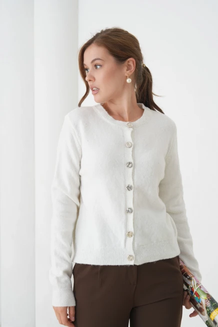 Kadın Kemik Bisiklet Yaka Düğme Detay Yumuşak Dokulu Triko Hırka