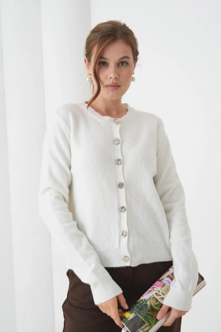 Kadın Kemik Bisiklet Yaka Düğme Detay Yumuşak Dokulu Triko Hırka