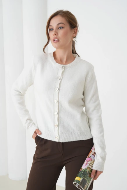 Kadın Kemik Bisiklet Yaka Düğme Detay Yumuşak Dokulu Triko Hırka