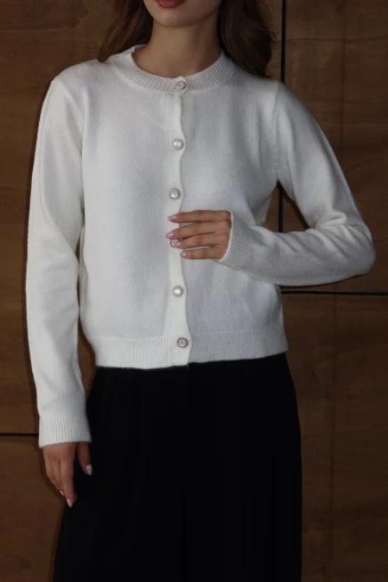 Kadın Kemik İnci Düğmeli Yumuşak Dokulu Bisiklet Yaka Triko Hırka