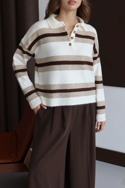 Kadın Kemik Oversize Çizgili Polo Yaka Triko Kazak