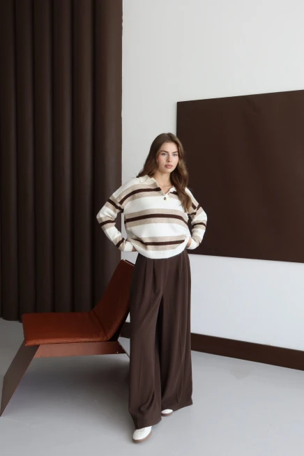 Kadın Kemik Oversize Çizgili Polo Yaka Triko Kazak