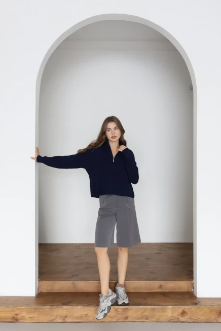 Kadın Lacivert Oversize Fermuarlı Basic Triko Kazak