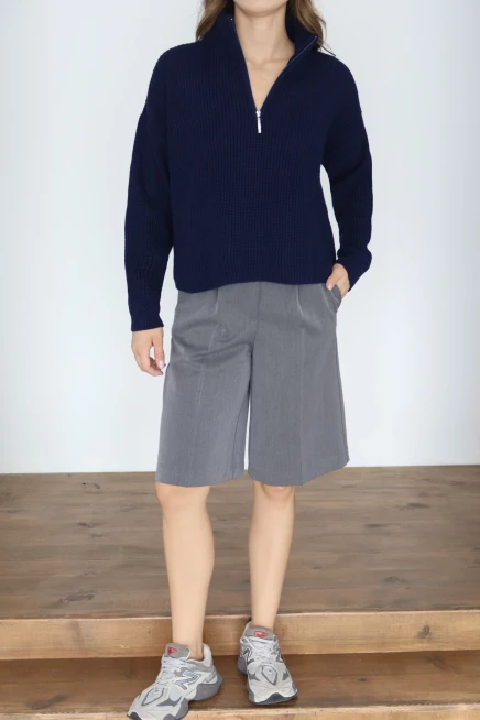 Kadın Lacivert Oversize Fermuarlı Basic Triko Kazak