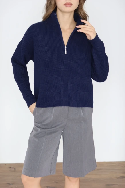 Kadın Lacivert Oversize Fermuarlı Basic Triko Kazak