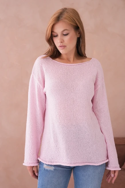 Kadın Pembe Oversize Kayık Yaka Dokulu Basic Triko Kazak