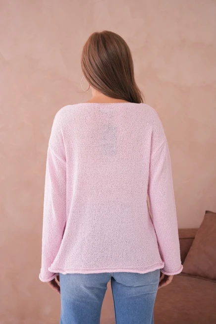 Kadın Pembe Oversize Kayık Yaka Dokulu Basic Triko Kazak